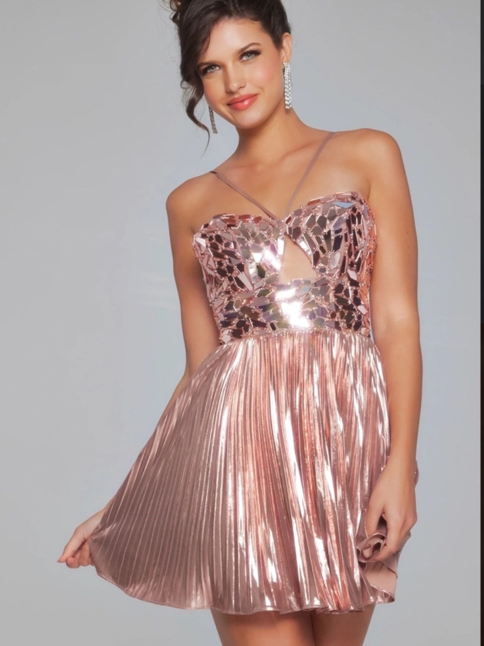 Jovani Metallic Rose Gold Pleated Sequin Dress RETAIL $400 Prom Quinceanera